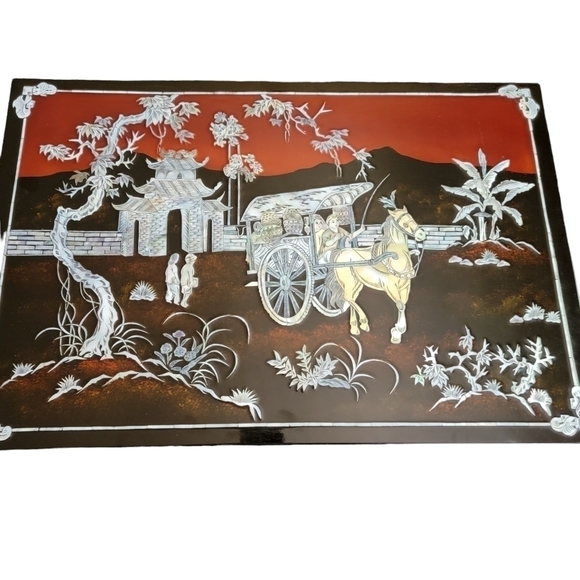 Asian Oriental Inlay Mother of Pearl Abalone Wall Hanging Lacquered China Art